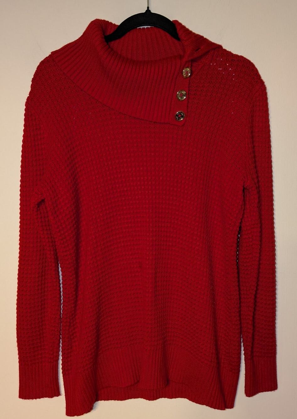Calvin Klein Women M Red Textured Button Neck Knit Sweater Cozy Winter Christmas